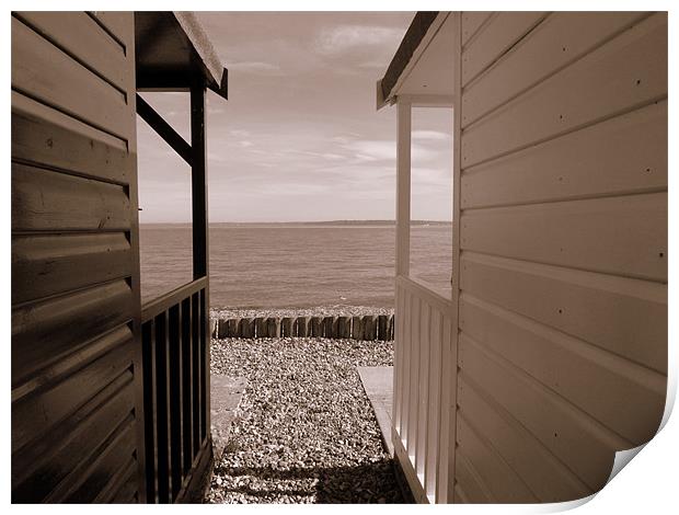 Black and White Beach Huts! In Sepia Print by Louise Godwin