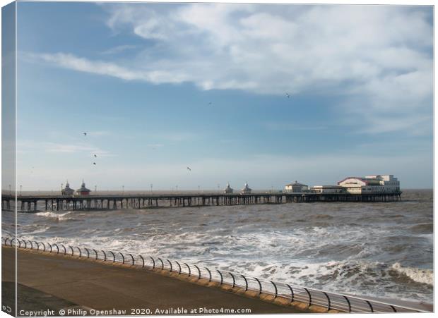 The south pier at Blackpool at high tide Canvas Print by Philip Openshaw