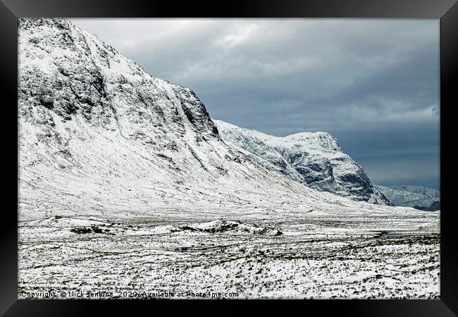 Glencoe Scottish Highlands in Winter Snow Framed Print by Nick Jenkins