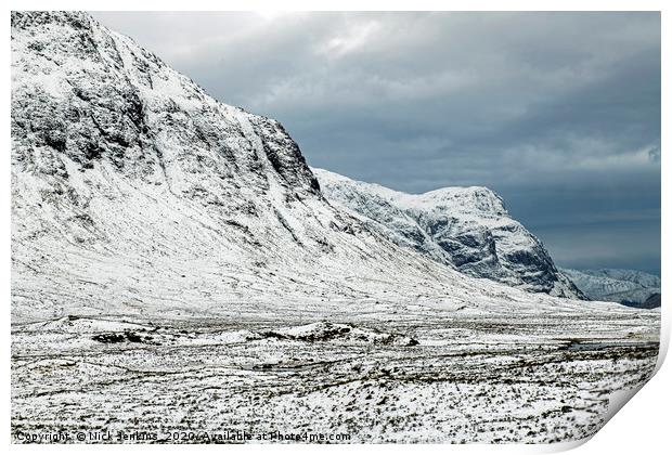 Glencoe Scottish Highlands in Winter Snow Print by Nick Jenkins