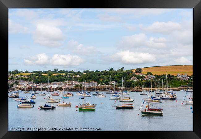 Boats and ships moored in a small port, in the bac Framed Print by Q77 photo