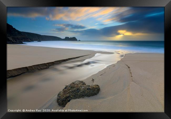 Towards the rising sun (Porthcurno) Framed Print by Andrew Ray