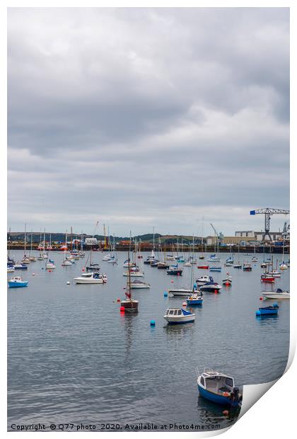 Boats and ships moored in a small port, in the bac Print by Q77 photo