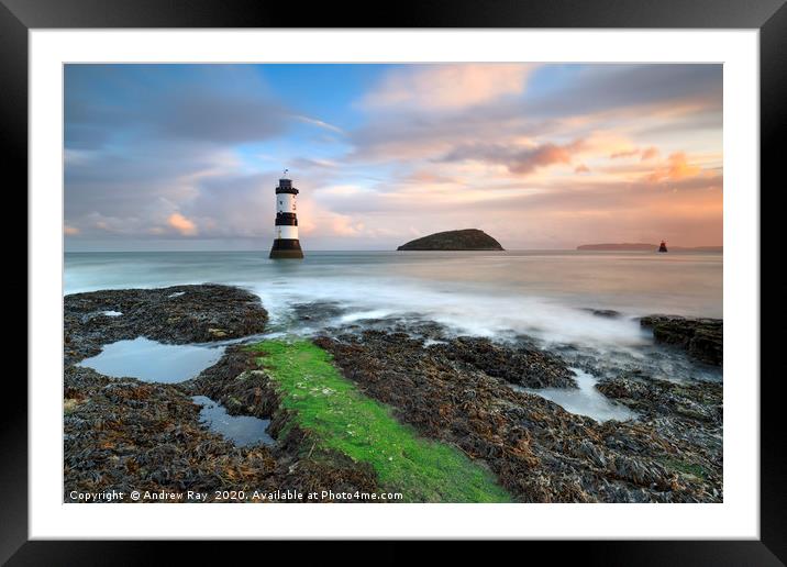 Penmon Lighthouse at sunrise Framed Mounted Print by Andrew Ray
