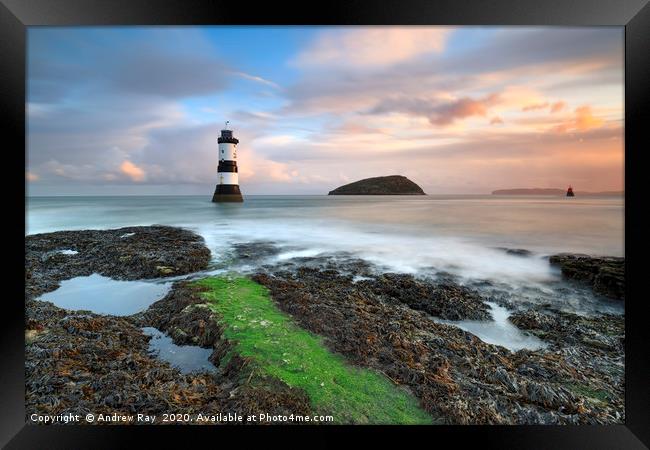 Penmon Lighthouse at sunrise Framed Print by Andrew Ray