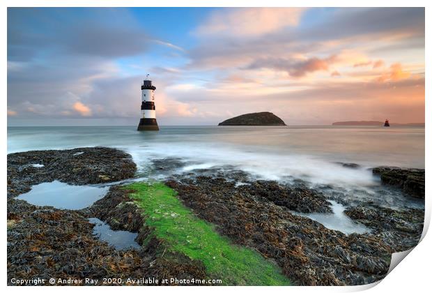 Penmon Lighthouse at sunrise Print by Andrew Ray