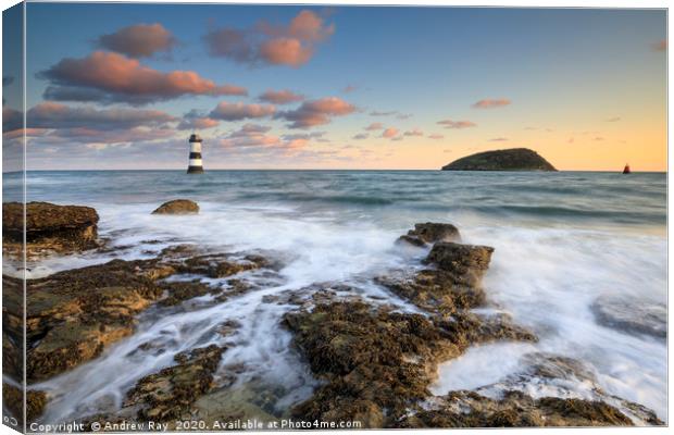 Rocks at sunrise (Penmon) Canvas Print by Andrew Ray