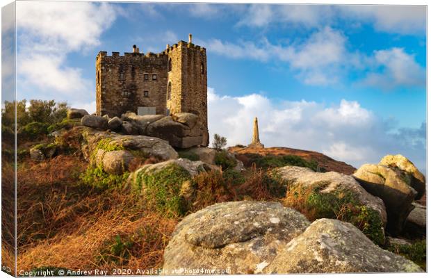Castle and monument view  (Carn Brea) Canvas Print by Andrew Ray
