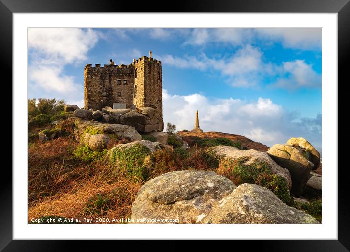 Castle and monument view  (Carn Brea) Framed Mounted Print by Andrew Ray