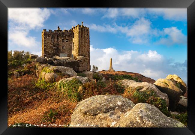 Castle and monument view  (Carn Brea) Framed Print by Andrew Ray