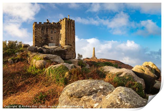Castle and monument view  (Carn Brea) Print by Andrew Ray