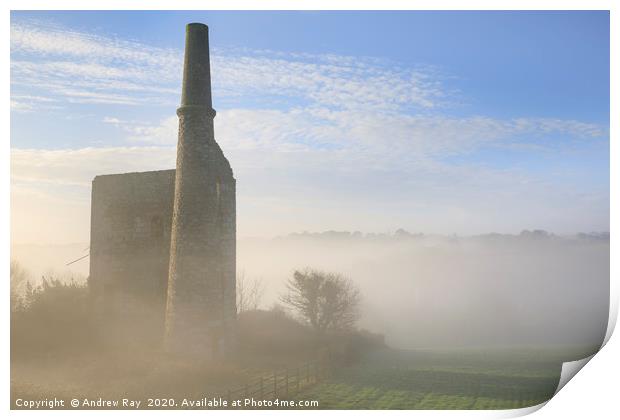 Engine house in the mist (Wheal Unity Wood) Print by Andrew Ray