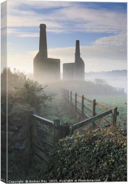 Mist at Wheal Unity Wood Engine Houses Canvas Print by Andrew Ray