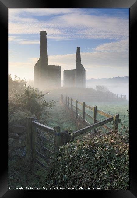 Mist at Wheal Unity Wood Engine Houses Framed Print by Andrew Ray