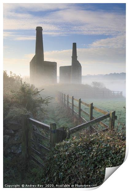 Mist at Wheal Unity Wood Engine Houses Print by Andrew Ray