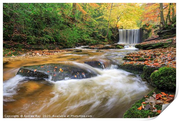 Autumn colour at Nant Mill Waterfall Print by Andrew Ray
