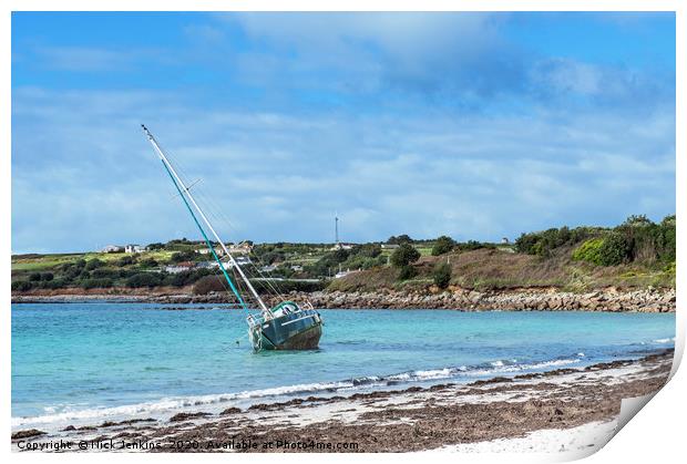 Yacht Leaning at Porthmellon Beach Isles of Scilly Print by Nick Jenkins