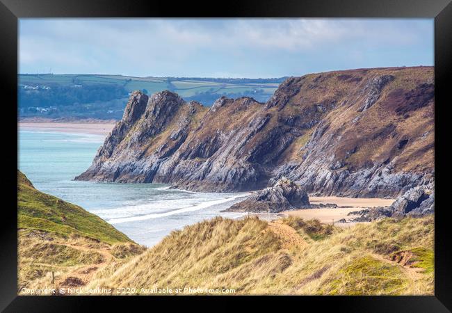 Great Tor overlooking Three Cliffs Bay Gower Wales Framed Print by Nick Jenkins