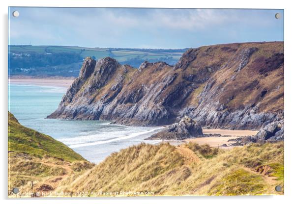 Great Tor overlooking Three Cliffs Bay Gower Wales Acrylic by Nick Jenkins