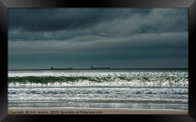 Oil Tankers anchored off Gower from Pobbles Bay Framed Print by Nick Jenkins