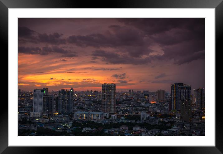 Sunset Cityscape Bangkok Thailand Framed Mounted Print by Rowan Edmonds