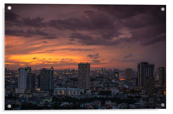 Sunset Cityscape Bangkok Thailand Acrylic by Rowan Edmonds
