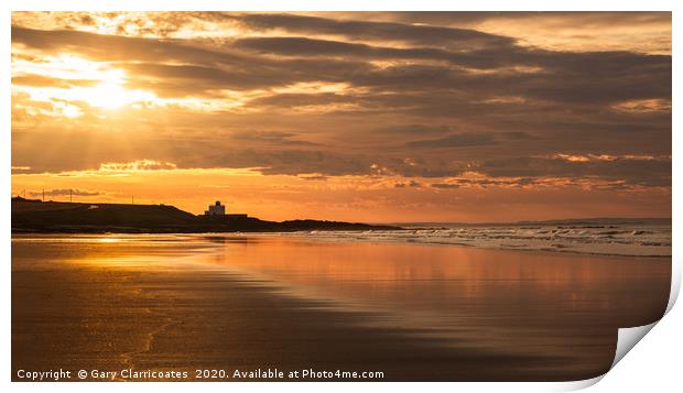 Bamburgh Lighthouse at Sunset Print by Gary Clarricoates