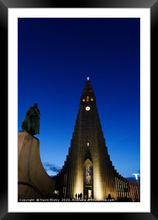 Hallgrímskirkja, Reykjavík, Iceland at night Framed Mounted Print by Navin Mistry