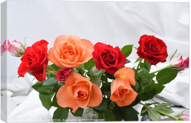 three red roses and three orange roses bouquet Canvas Print by Photogold Prints