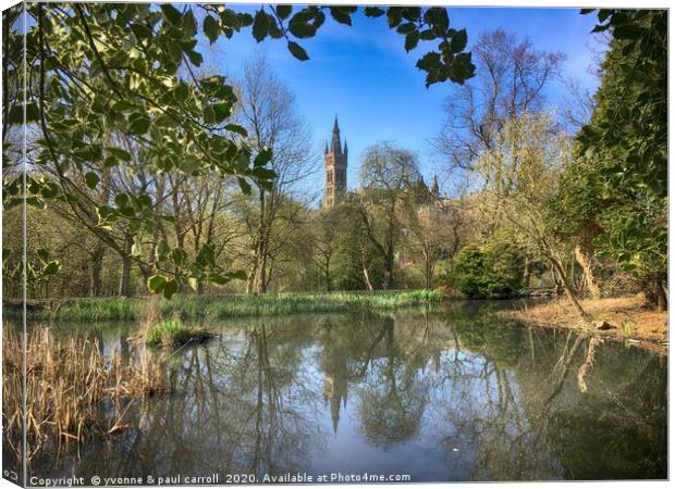 Reflections of Glasgow University tower from Kelvi Canvas Print by yvonne & paul carroll