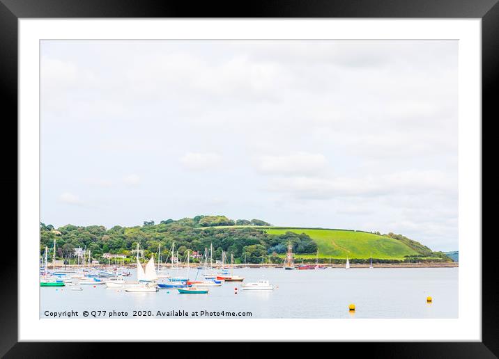 Boats and ships moored in a small port, in the bac Framed Mounted Print by Q77 photo