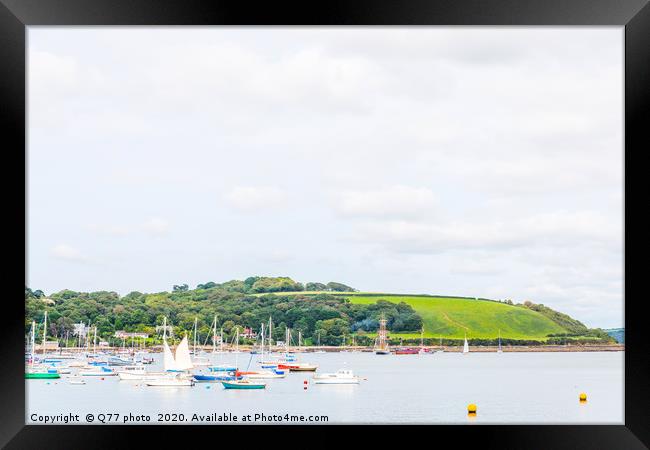 Boats and ships moored in a small port, in the bac Framed Print by Q77 photo
