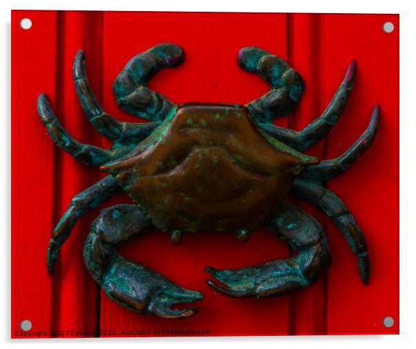 Brass crab knocker, knocker on red wooden door, de Acrylic by Q77 photo