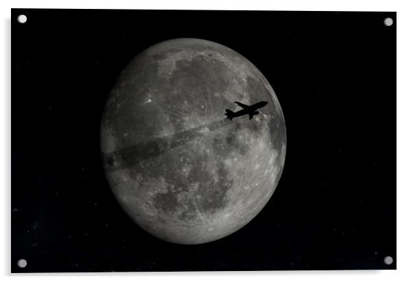 Airplane flying across a full moon. Acrylic by Sergey Fedoskin