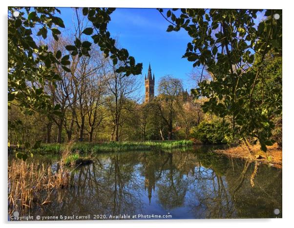 Iconic Glasgow University reflected in the pond in Acrylic by yvonne & paul carroll