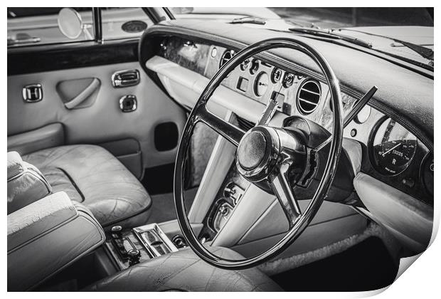 Vintage Old Car Interior Black and White Print by Ioan Decean