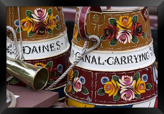 Painted canal narrow boat water containers. Framed Print by Tony Bates
