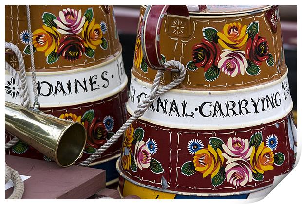 Painted canal narrow boat water containers. Print by Tony Bates