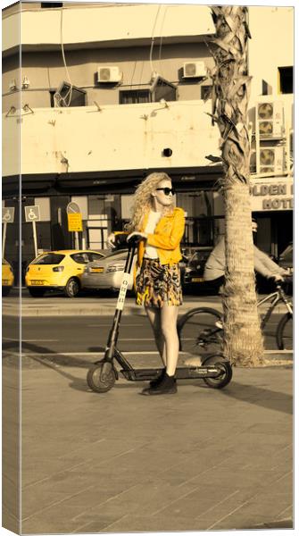 BLonde girl drive scooter Canvas Print by M. J. Photography