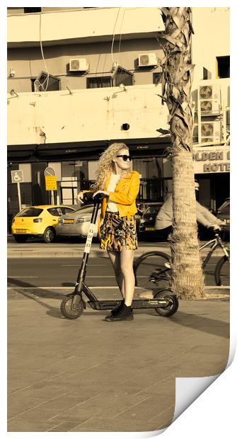 BLonde girl drive scooter Print by M. J. Photography