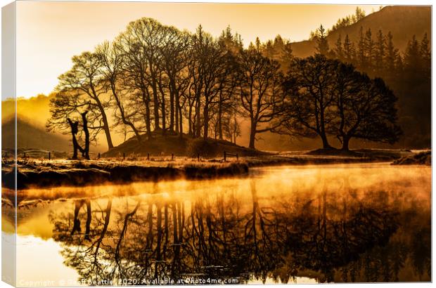Golden sunrise over a misty River Brathay, Cumbria Canvas Print by Geoff Beattie