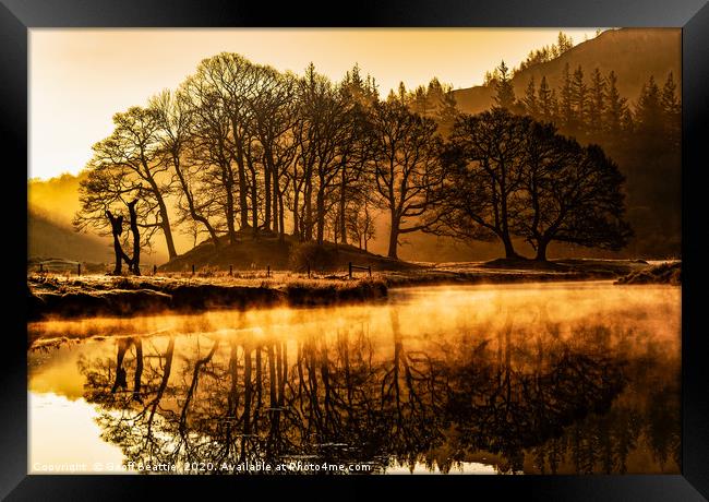 Golden sunrise over a misty River Brathay, Cumbria Framed Print by Geoff Beattie