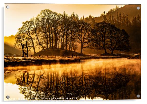 Golden sunrise over a misty River Brathay, Cumbria Acrylic by Geoff Beattie