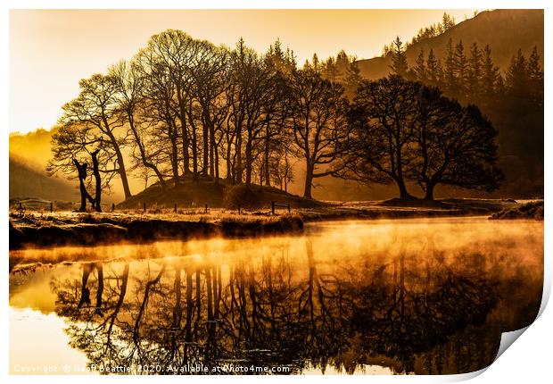 Golden sunrise over a misty River Brathay, Cumbria Print by Geoff Beattie