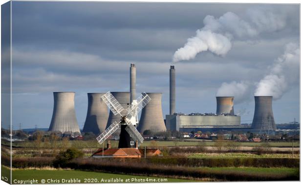 Leverton Windmill and West Burton Power Station Canvas Print by Chris Drabble