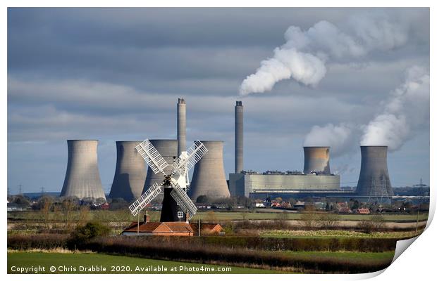 Leverton Windmill and West Burton Power Station Print by Chris Drabble