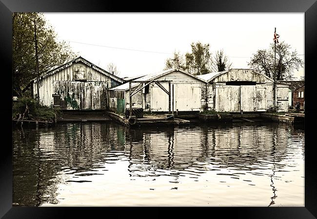Faded boat sheds Framed Print by Stephen Mole