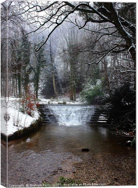 Winterscape: Clywedog Waterfall's Frosty Grandeur Canvas Print by Graham Parry