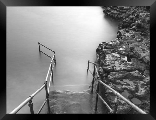 Monochrome Steps into the sea Framed Print by Gareth Williams