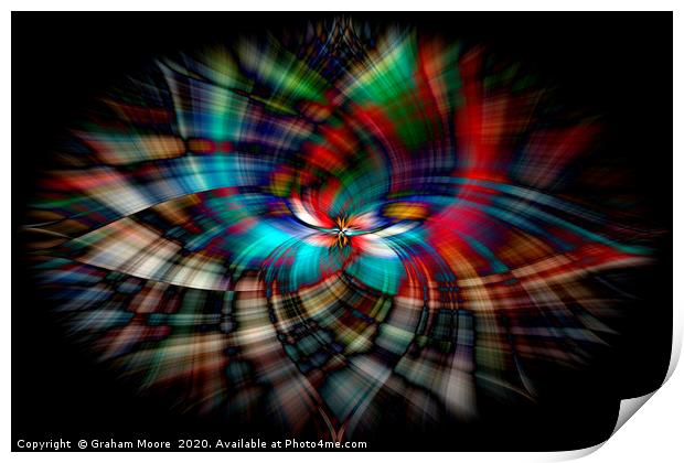 Abstract twirl effect from stained glass window Print by Graham Moore